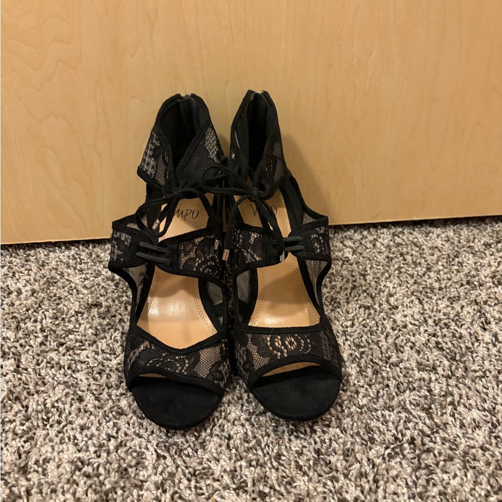 Impo Black Lace Tie-Up Peep Toe Heels